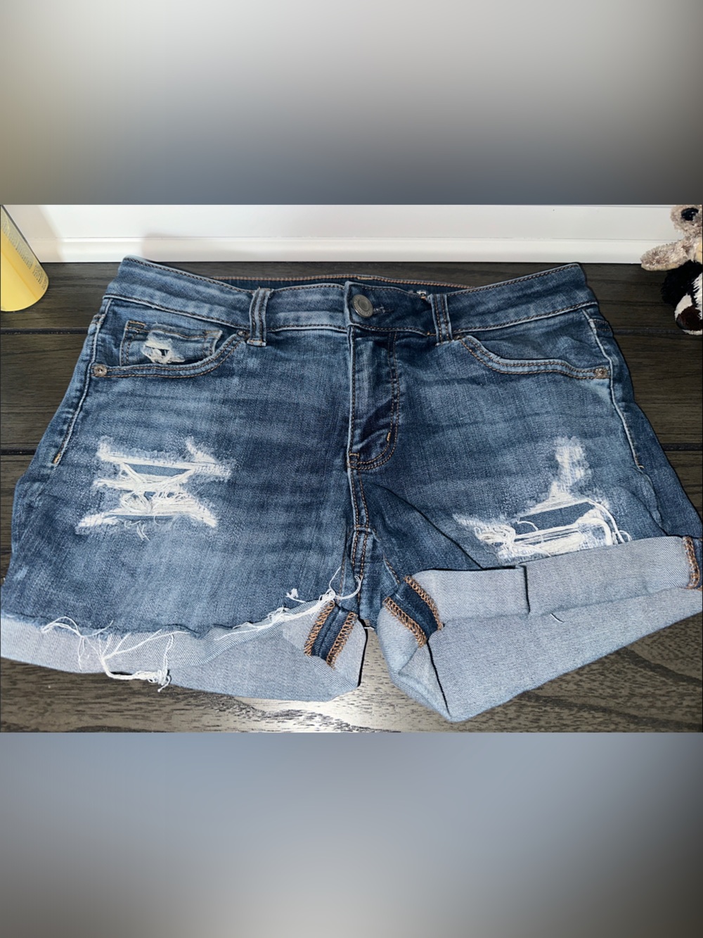 American Eagle Outfitters Distressed Dark Blue Denim Roll-Cuff Shorts